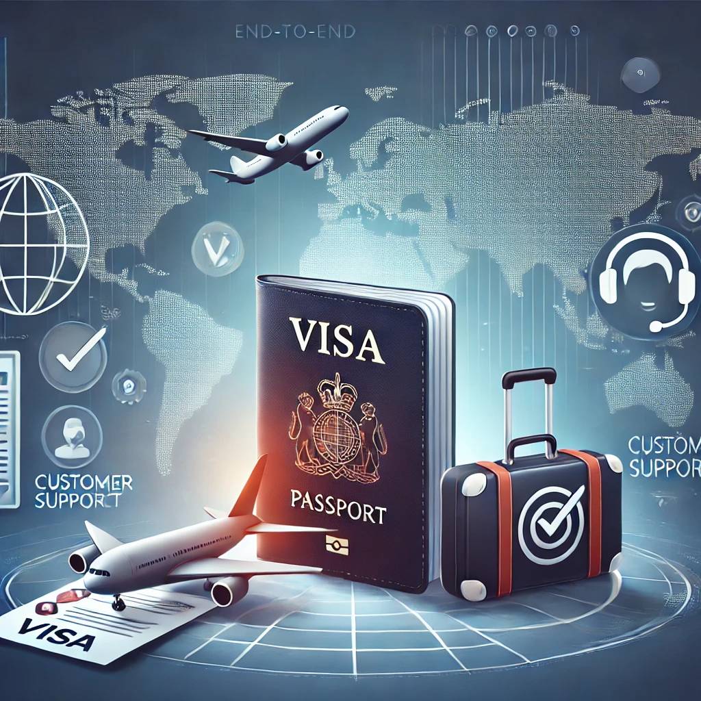 End-to-end visa facilitation with a passport, visa document, and travel symbols over a world map background.